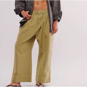 Free People Sweet Talk Cotton Wide Leg Chino Pants In Dried Aloe NWOT $128 Sz 27
